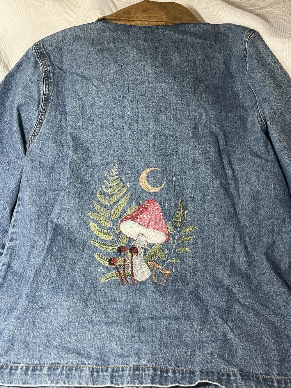 Embroidered Denim Jacket Upcycled Lemon Grass Med Boho Mushroom Chore Coat